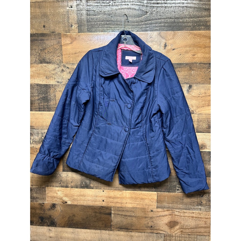 Lilly Pulitzer Quilted Navy Blue Double Breasted Jacket Size 6 Puffer